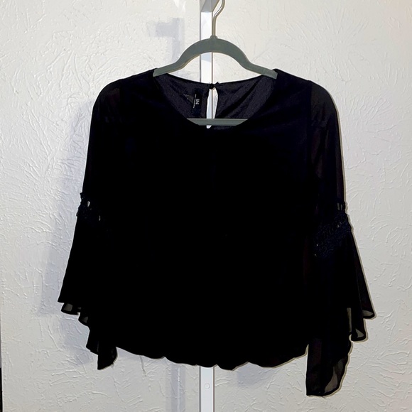 Small Black Bell Sleeves with lace cutout Keyhole with tie closure - Picture 1 of 10